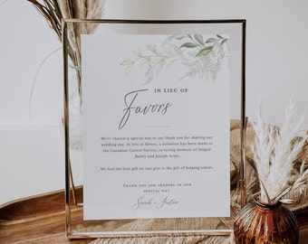 Greenery In Lieu of Favors Sign, Wedding In Lieu of Favors Sign Template, Wedding Charity Donation Sign, Printable, Reception Sign - EJ01