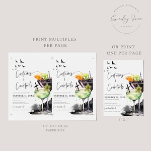 May include: A printable Halloween party invitation with a watercolor design of cocktails and bats. The invitation says "Costumes & Cocktails" and includes the date "October 31, 20XX". The invitation is available in two sizes: 8.5 inches by 11 inches or 5 inches by 7 inches.