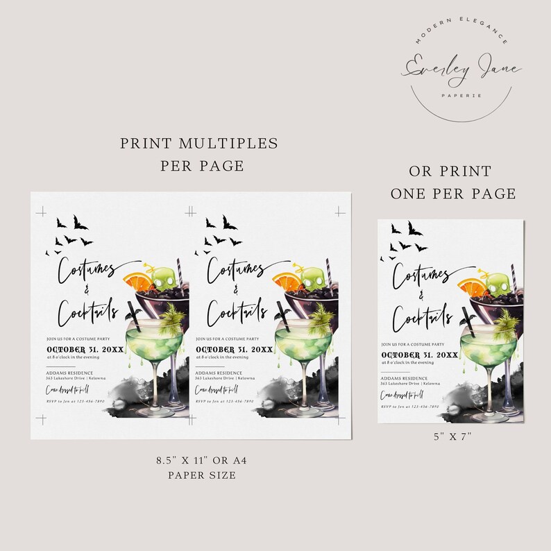May include: A printable Halloween party invitation with a watercolor design of cocktails and bats. The invitation says "Costumes & Cocktails" and includes the date "October 31, 20XX". The invitation is available in two sizes: 8.5 inches by 11 inches or 5 inches by 7 inches.