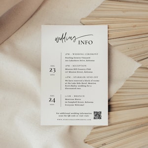 May include: A wedding invitation with a black and white design. The invitation includes the date, time, and location of the wedding ceremony, reception, and brunch. The invitation also includes a QR code for additional information.