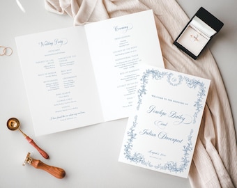 Catholic Wedding Program Booklet, Dusty Blue Toile Wedding Program, Church Wedding Program, Folded Wedding Program, Order of Service - EJ33B