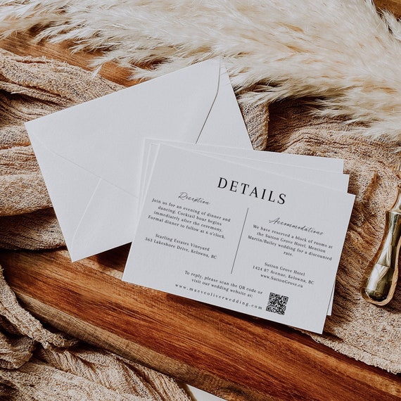 Minimalist Wedding Details Card with QR Code, Details Card Template, Wedding Invite Enclosure Card, Printable, Editable Details Card - EJ02