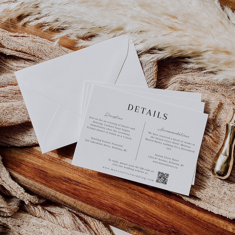 May include: White wedding invitation card with black text. The card includes details about the reception, including the location, Starting Estates Vineyard, and the time, 6 o'clock. The card also includes details about accommodations at the Sutton Grove Hotel. A QR code is included for guests to scan for more information.