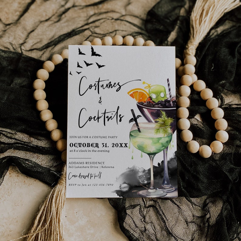 May include: A Halloween party invitation with a black and white bat design and a watercolor illustration of two cocktails. The text reads "Costumes & Cocktails" and "October 31, 20XX".