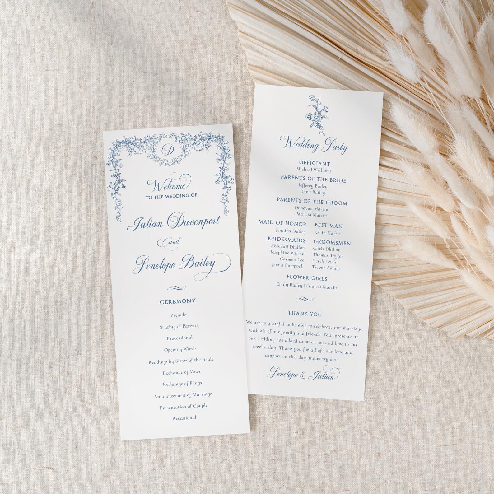 Dusty Blue Wedding Program, Chinoiserie Monogram Wedding Program