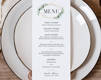 Wedding Menu Template Printable Dinner Menu Eucalyptus Editable Menu Greenery and Gold Frame Instant Download - EJ11