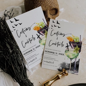 May include: Two Halloween party invitations with a watercolor illustration of spooky cocktails. The invitations are printed on white cardstock with black text. The text reads "Costumes & Cocktails" and "Join us for a costume party October 31, 20XX at 8 o'clock in the evening Addams Residence 363 Lakeshore Drive Kelowna Come dressed to kill RSVP to Jen at 123-456-7890".