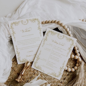 Plantilla de carta de bienvenida para bodas y cronograma de eventos, tarjeta de itinerario de bienvenida para bodas en toile dorado vintage, nota para bolsa de bienvenida en toile francés -EJ33G