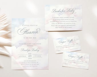 Inviti per baby shower a tema "Un piccolo pezzo di paradiso", set di inviti per baby shower "Un dono del cielo", inviti per baby shower a tema nuvole personalizzabili - EJ49