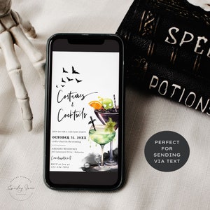 May include: A digital invitation for a Halloween costume party with the text "Costumes & Cocktails" and a graphic of two cocktails with spooky decorations. The invitation includes the date, time, and location of the party.