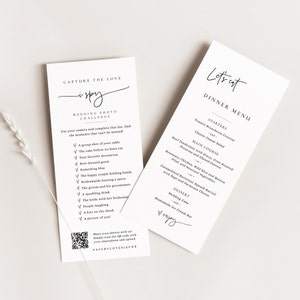 Minimalistische I Spy bruiloft gamekaart en menu, Capture the Love Photo Hunt Game, bewerkbare dinermenusjabloon, afdrukbaar receptiespel, EJ21