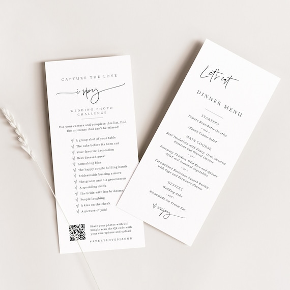 Minimalist I Spy Wedding Game Card and Menu, Capture the Love Photo Hunt Game, Editable Dinner Menu Template, Printable Reception Game, EJ21