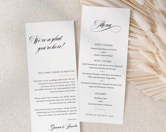 May include: A wedding menu card with a black and white design. The card features the text "Menu" in a decorative script font. The menu includes a first course, main course, and dessert. The text "Gianna & Lincoln" is at the bottom of the card.