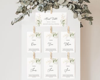 Wedding Seating Chart Cards Greenery, Printable Seating Plan, Editable Seating Chart Template, Modern Seating Plan - EJ01