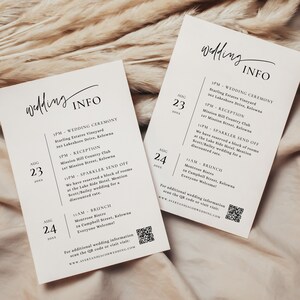 May include: Two wedding information cards with a black and white design. The cards list the wedding ceremony, reception, and brunch locations and times. The cards also include a QR code for additional wedding information.