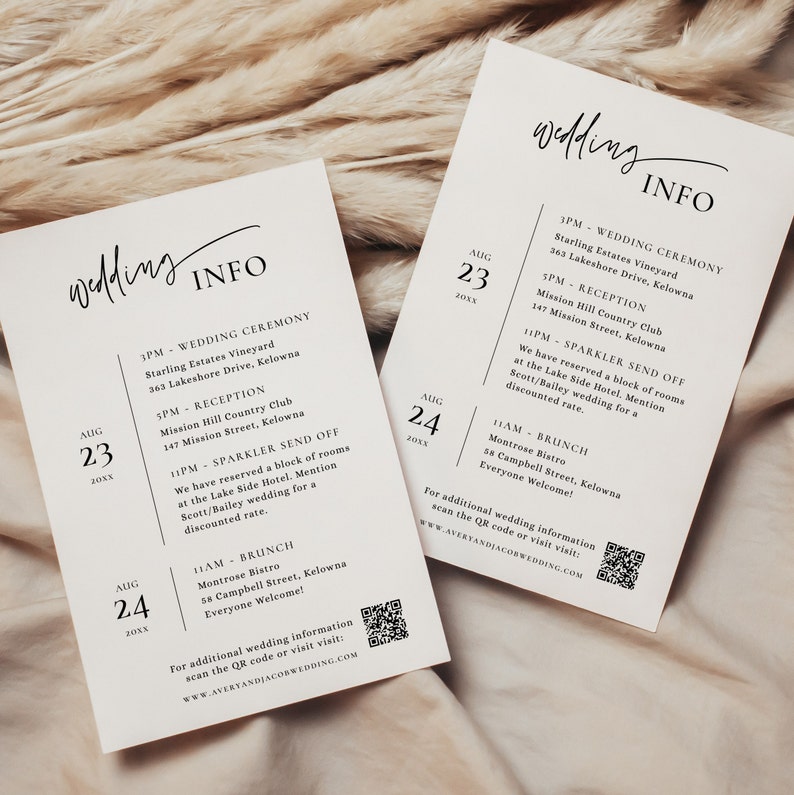 May include: Two wedding information cards with a black and white design. The cards list the wedding ceremony, reception, and brunch locations and times. The cards also include a QR code for additional wedding information.