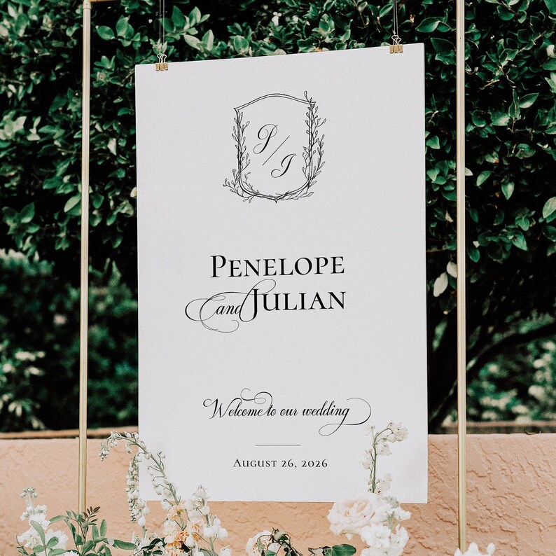 Crest Sign Post Wedding Welcome Sign With Crest, Monogram Crest Welcome Sign, Welcome ...