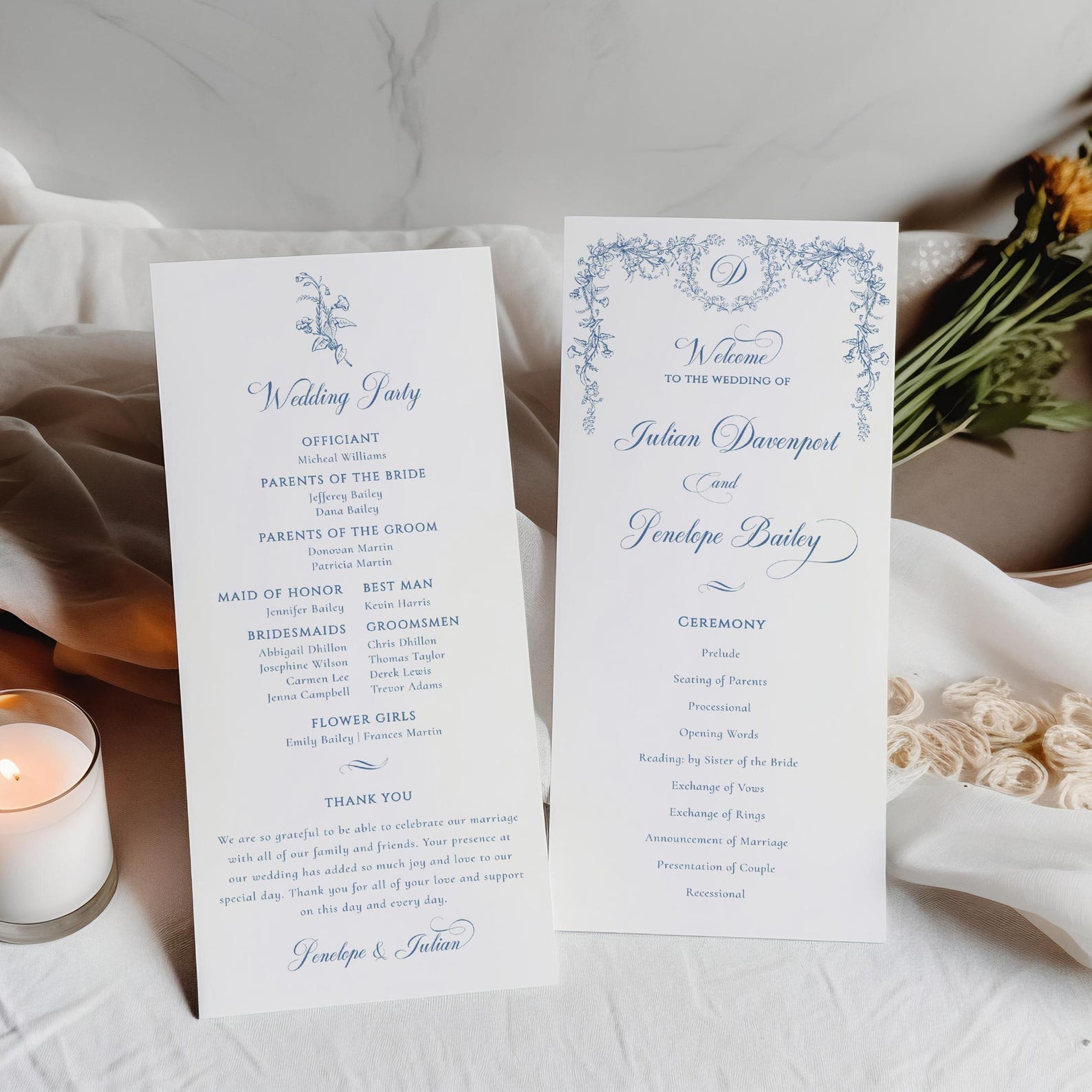 Dusty Blue Wedding Program, Chinoiserie Monogram Wedding Program