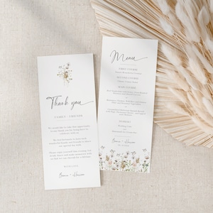 Wildflower Wedding Ringraziamento e Menu Card, Grazie Tovagliolo Nota, Menu Cena Stampabile, Modello Modificabile, Matrimonio Botanico - EJ10
