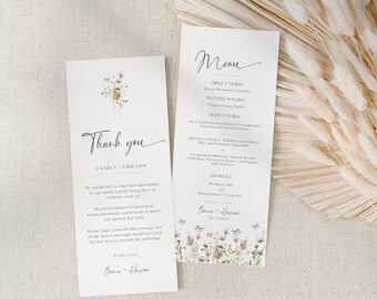 Op de afbeelding: Een bedankkaart voor een bruiloft met een bloemenontwerp en de tekst "Bedankt" in een handschrift. De kaart bevat ook de tekst "Familie & Vrienden" en een bericht waarin dank wordt uitgesproken voor de aanwezigheid van de gasten op de bruiloft.