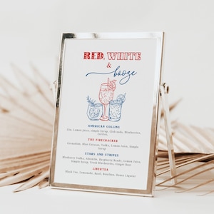 May include: A printable sign with a red, white, and blue color scheme. The sign lists cocktails with names like "American Collins", "The Firecracker", "Stars and Stripes", and "Libertea".