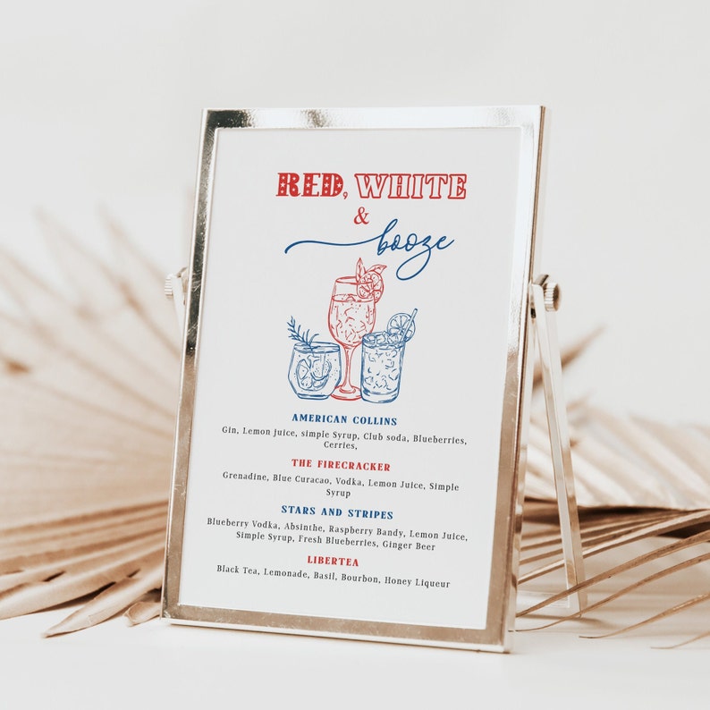 May include: A printable sign with a red, white, and blue color scheme. The sign lists cocktails with names like "American Collins", "The Firecracker", "Stars and Stripes", and "Libertea".