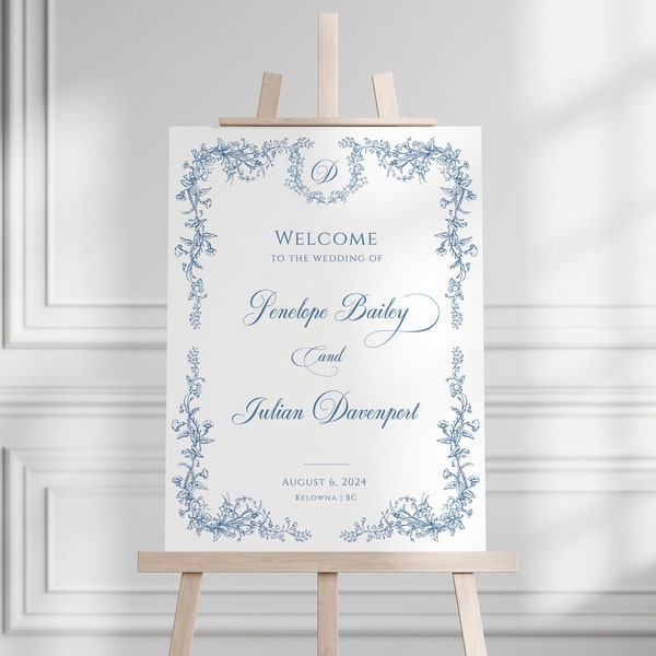 Wedding Welcome Sign Dusty Blue, Chinoiserie Wedding Welcome Sign, Printable Blue French Toile Wedding Welcome Sign Template, Blue - EJ33