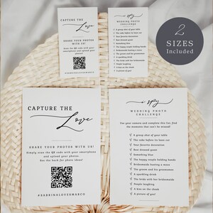 May include: Two printable cards with a wedding photo challenge checklist. The checklist includes items like "a group shot of your table", "the cake before it's been cut", and "the happy couple holding hands". The cards also include a QR code and the hashtag #SABRINALOVESMARCO.