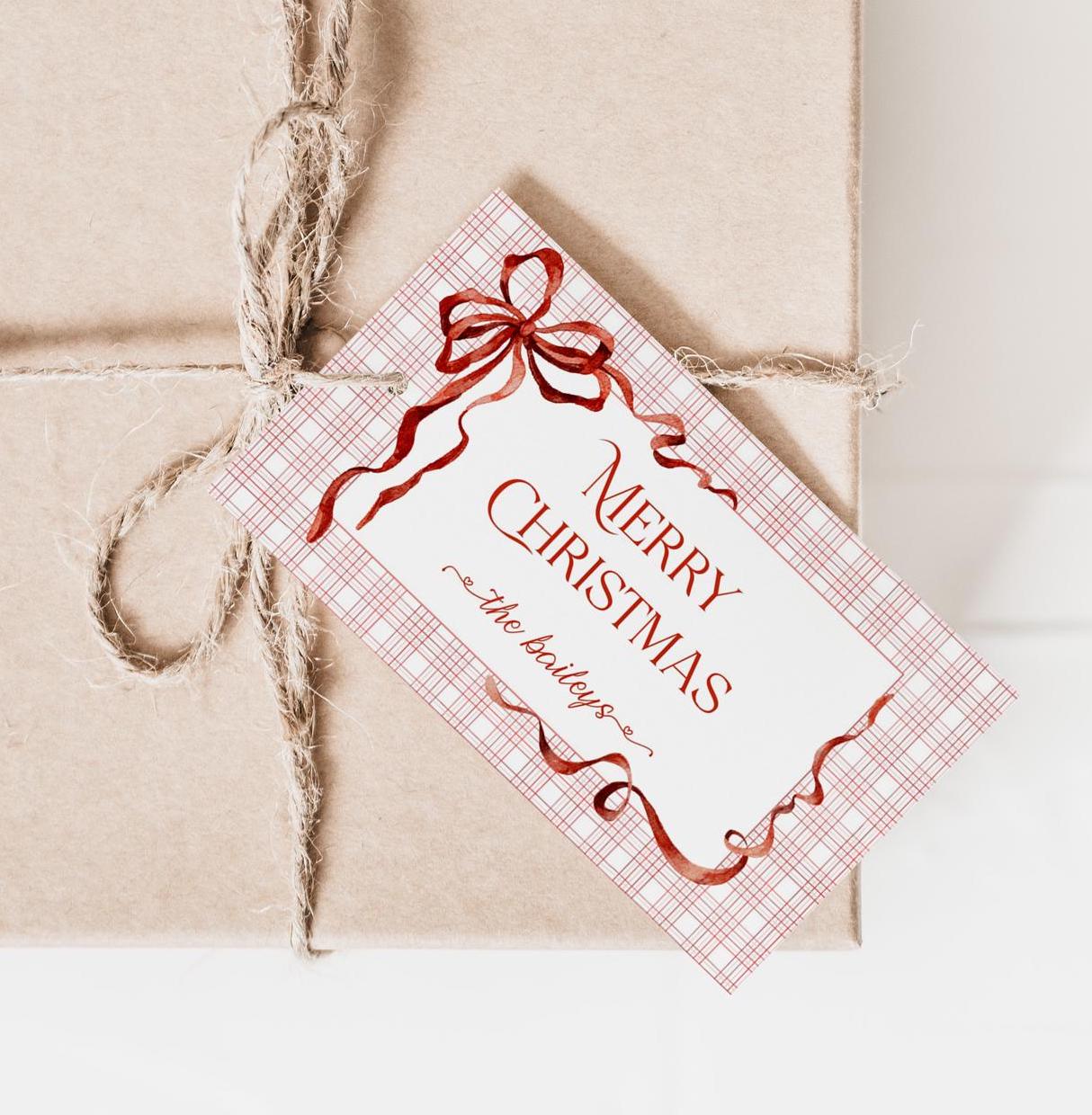Red Bow Christmas Gift Tag Template, Merry Christmas Favor Tag, Printable Gift Tag, Pink and Red Bow Holiday Tag, Coquette Christmas - EJ25