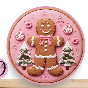 Pink Gingerbread Wreath Sign, Christmas Round Wreath Sign, Gingerbread Decorations