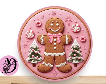 Pink Gingerbread Wreath Sign, Christmas Round Wreath Sign, Gingerbread Decorations