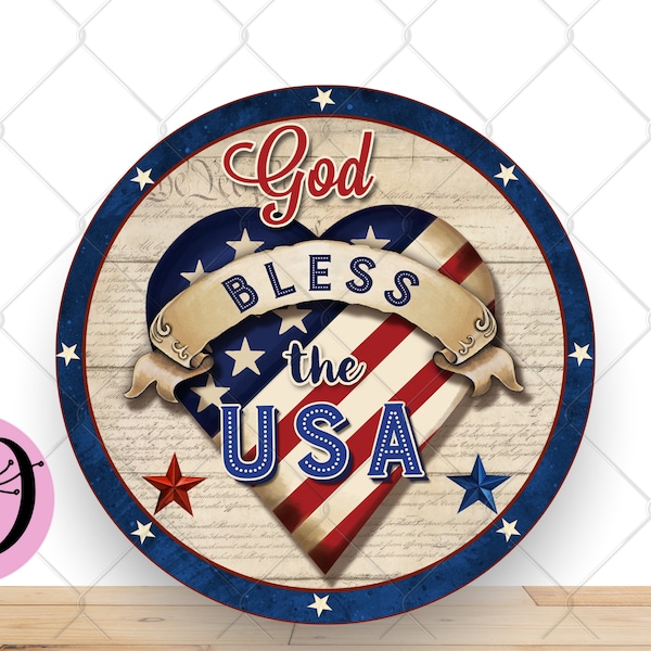 Patriotic Wreath Sign, God Bless Bless the USA Round Metal Sign, Patriotic Sign For Wreath, Desert Wreath Signs