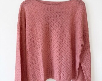 Dusty Rose Silk & Cashmere Blend Open-Knit Jumper | Boxy Crop | UK M/L P2P60cm Length 53cm…