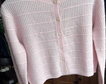 100% Cashmere Pink Cardigan – Light Pink Knit Sweater, Bust 110cm / 43”, Length 45cm / 17”, Fits M/L