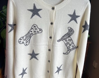 Cream White Wool Cardigan with Grey Embroidery - Crew Neck M Fit