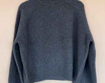 Pure Yak Wool Bluish Grey Crewneck Sweater, Soft Knit Pullover with Contrast Trim, Skin-Friendly Sustainable Jumper  L/XL Pit to Pit 61cm
