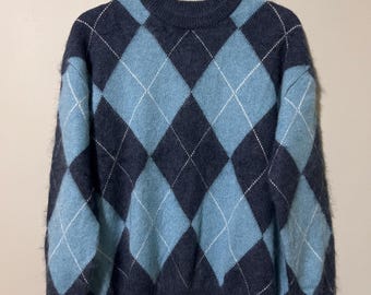 100% Cashmere Pullover – Blue/White - Checked – Size XL - brushed yarn