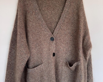 Brushed Pure Cashmere Cardigan | Brown/muticolored  Heathered Knit | Oversized Fit | P2P 65cm  | Length 69cm |  Rec. XL-XXL