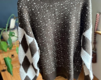 Cashmere Diamond & Snow Pattern Jumper - Brown Beige - Size L