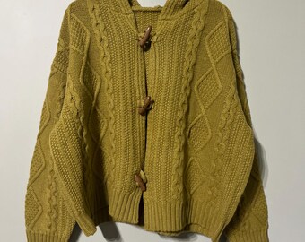 100% Yak Wool Pullover Hoodie Mustard Green | Oversized L | Soft Warm Sustainable Sweater Handmade Cozy Winter Gift