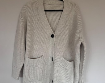 Pure Yak Wool Ribbed Cardigan, Luxury Oatmeal Knit Sweater, Oversized Natural Wool Cardigan, Warm Winter Layer, Size L–2XL