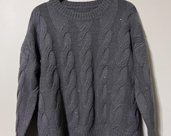 100% Yak Wool Cable Knit Pullover | Dark Grey Sequin Sweater | L/XL/2XL (Bust 50.4”, Length 23.2”) | Soft, Warm, Cozy Knitwear