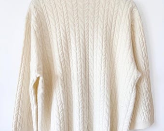 Pure Cashmere Cable Knit Sweater 64cm 25" Pit to Pit, Oversized Cream Mock Neck Jumper 25.5" L 65cm, Plus Size Slouchy Luxury Pullover