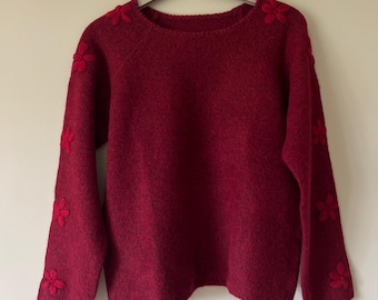 100% Cashmere Pullover Red | Bust 100cm recommended  size S/M Soft Warm Embroidered Flowers Knit Sweater Cozy