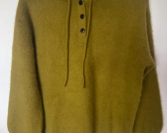 Pure Yak Wool Knit Hoodie | Honey Gold Olive | P2P 56cm Length 63cm | Size M L