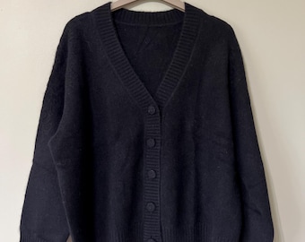 100% Cashmere Cardigan Black XL | Soft Warm Luxury Knit Sweater with Embroidered Flowers |