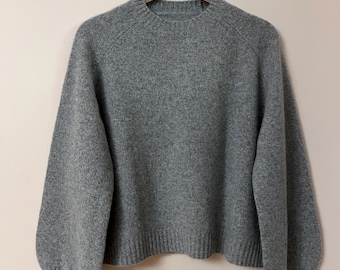 Pure Yak Wool Bluish Grey Crewneck Sweater, Soft Knit Pullover with Contrast Trim, Skin-Friendly Sustainable Jumper, Size L/XL (UK 14-16)