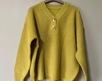 100% Yak Wool Pullover Mustard Green | Oversized XL Sweater | Bust 136cm / 53.5in, Length 61cm / 24in | Cozy Natural Knitwear