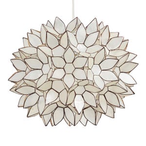 May include: A white, spherical pendant light fixture with a floral design. The light is composed of numerous petal-shaped pieces, each outlined in a dark brown or black material. The overall effect is a decorative, eye-catching lighting element.