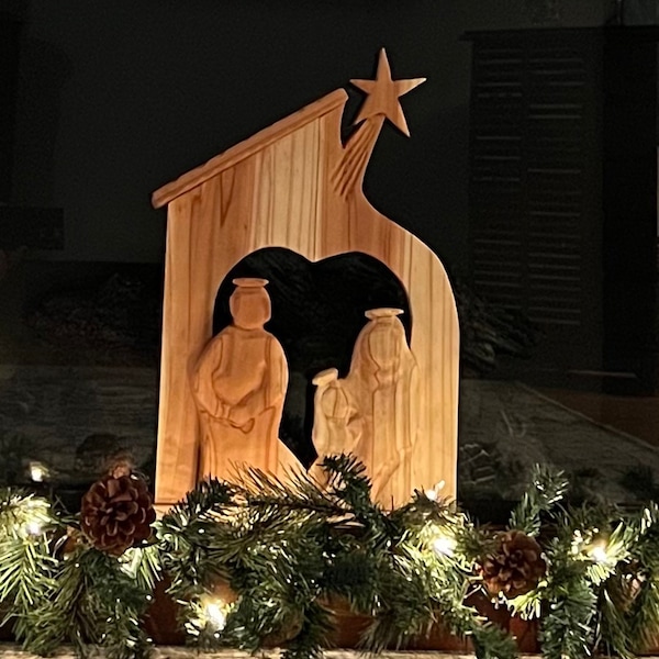 Wood handmade Nativity scene for Christmas,Farmhouse Nativity decoration, indoor Nativity scene, hand carved wood Christmas Nativity stable